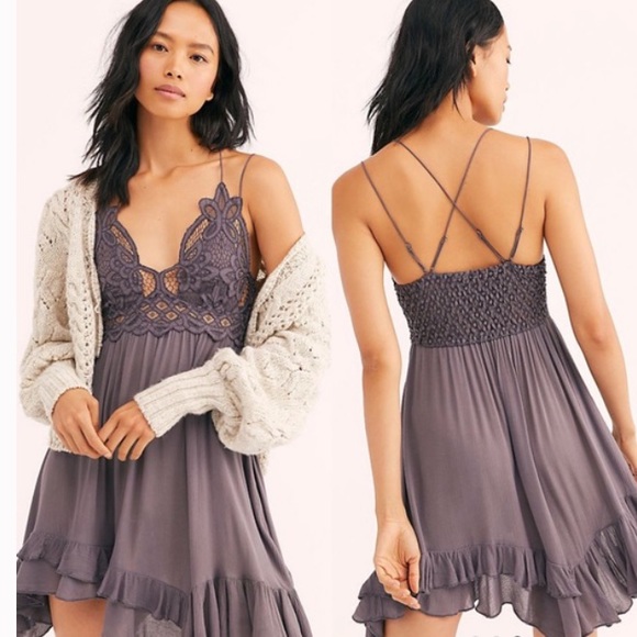 Free People Dresses & Skirts - Free People FP One Adella Mini Slip Dress Crochet Boho in Charcoal Gray Size XS